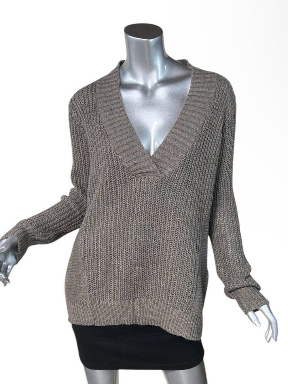 MTLA Brown Chunky Knit Deep V Neck Tunic Cotton Blend Sweater Women’s LARGE